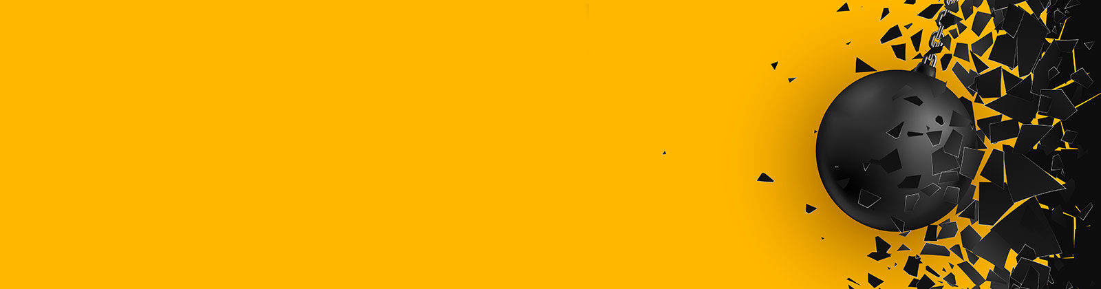 A breaking ball, busting through a black wall on a yellow background